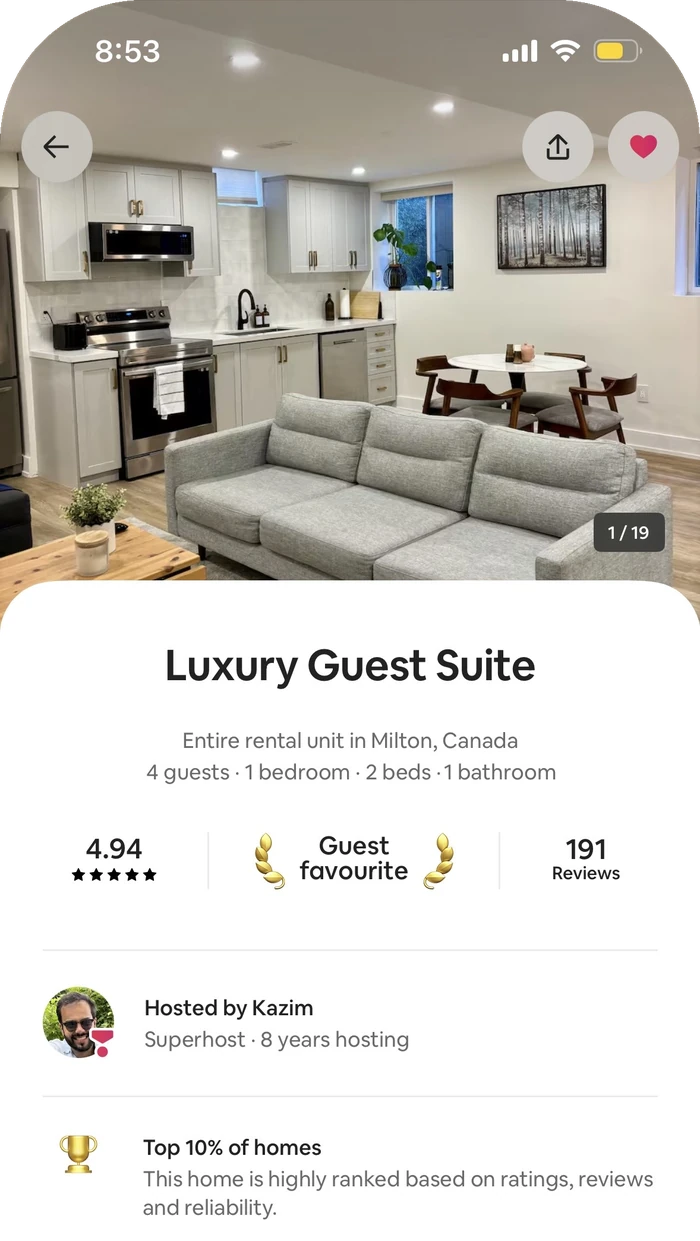 Screenshot of the Luxury Guest Suite listing on Airbnb, rated 4.94 stars with 191 reviews and Guest Favourite status, in Milton, Ontario