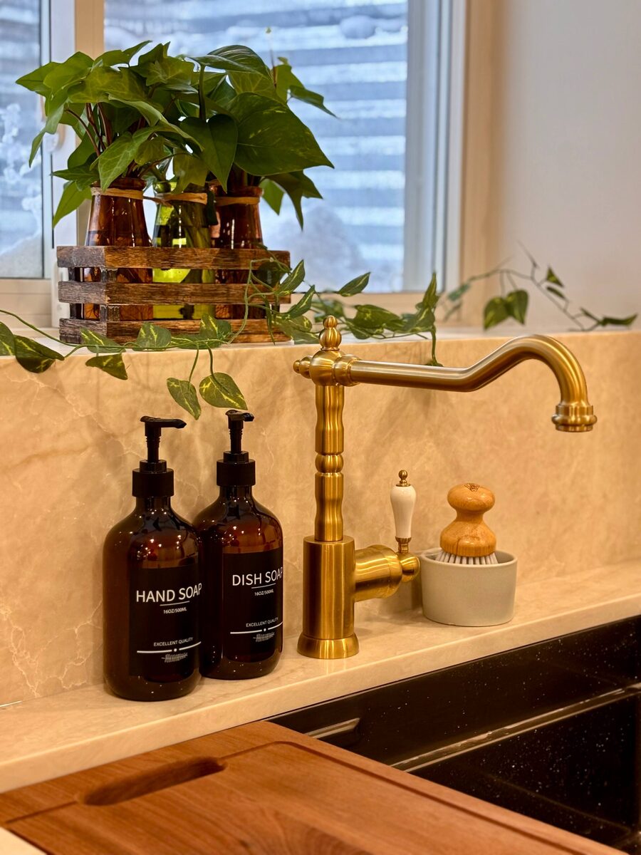 Styled kitchen counter detail of the Modern Guest Suite